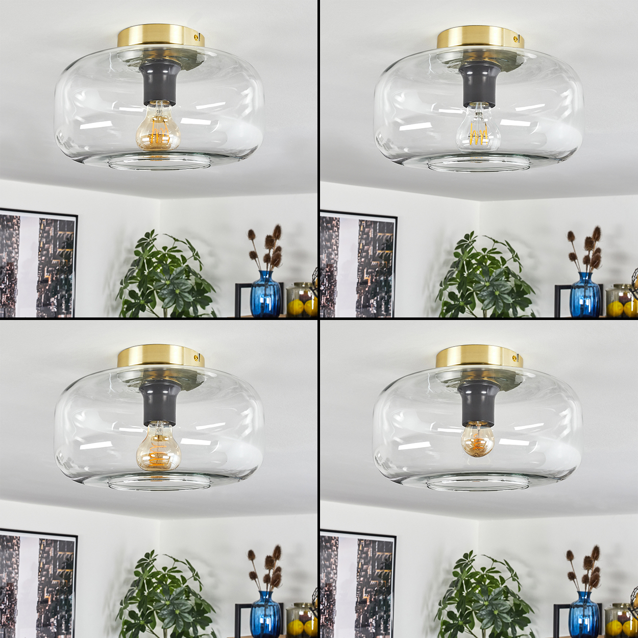 Eine klare Glasdeckenleuchte mit goldenem Sockel und sichtbarer Glühbirne. Darunter eine Ecke mit Pflanzen, Vasen und gerahmter Kunst.