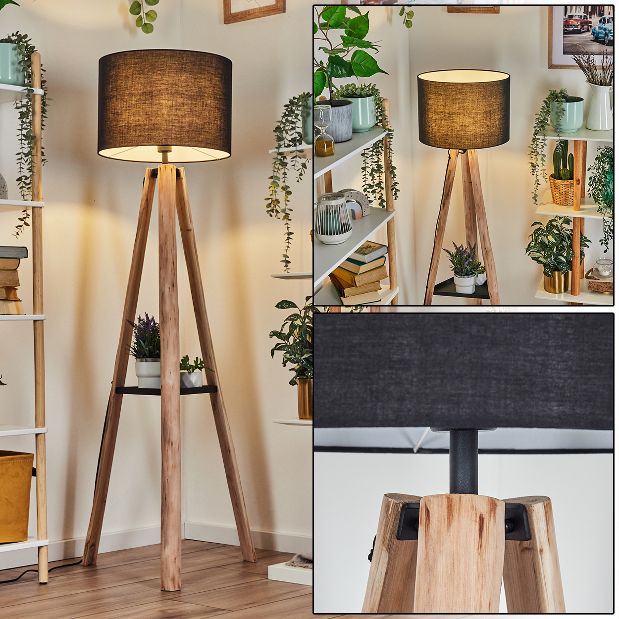 Eine hölzerne Stativ-Stehlampe mit schwarzem Lampenschirm. Regale mit Pflanzen im Hintergrund. Der Raum hat Holzböden.