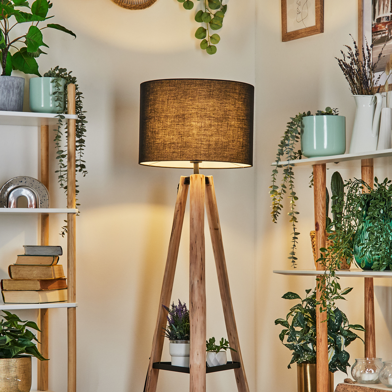 Eine hölzerne Stativlampe mit schwarzem Lampenschirm steht in der Mitte. Auf beiden Seiten Regale mit Pflanzen. Hintergrund ist eine Wand.