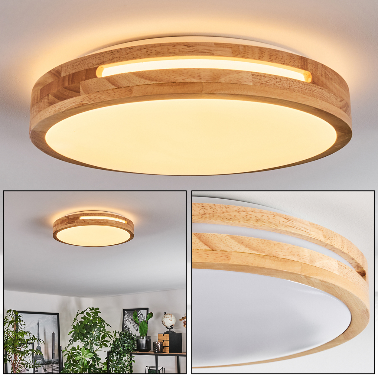 Eine kreisförmige Deckenlampe aus Holz mit warmem Licht. Sie ist von einer weißen Decke umgeben. Der Hintergrund zeigt Pflanzen und Dekoration.