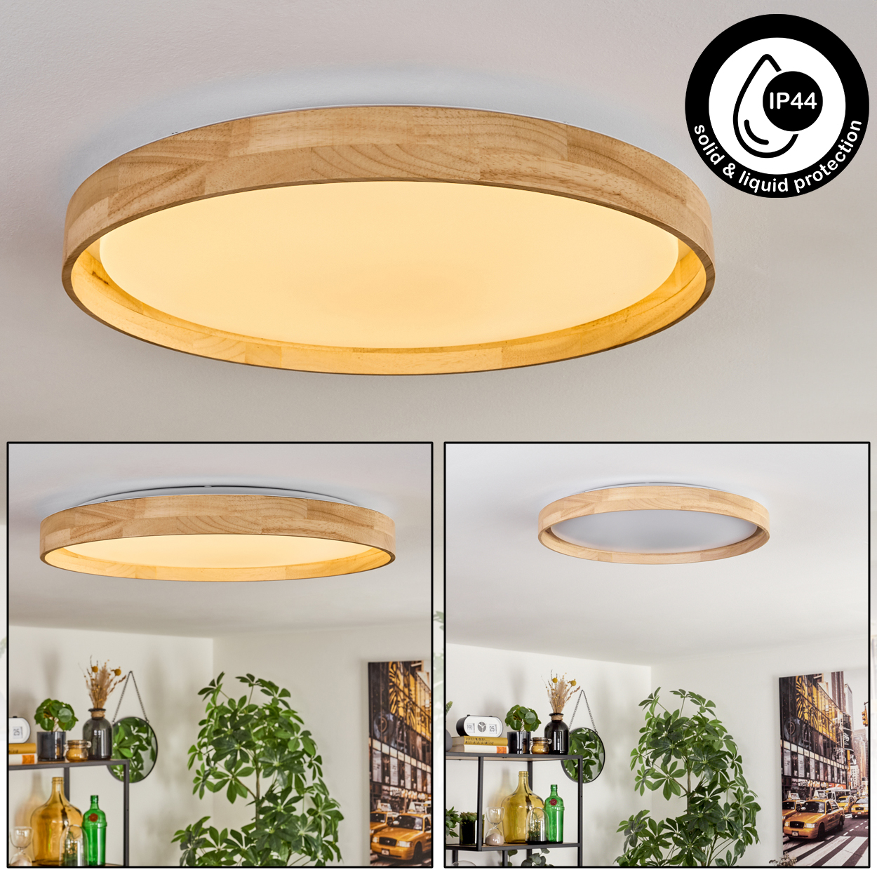 Eine runde Deckenlampe aus Holz mit Licht im Inneren und einem IP44-Wasserschutzzeichen in einem Raum mit Pflanzen und Möbeln.