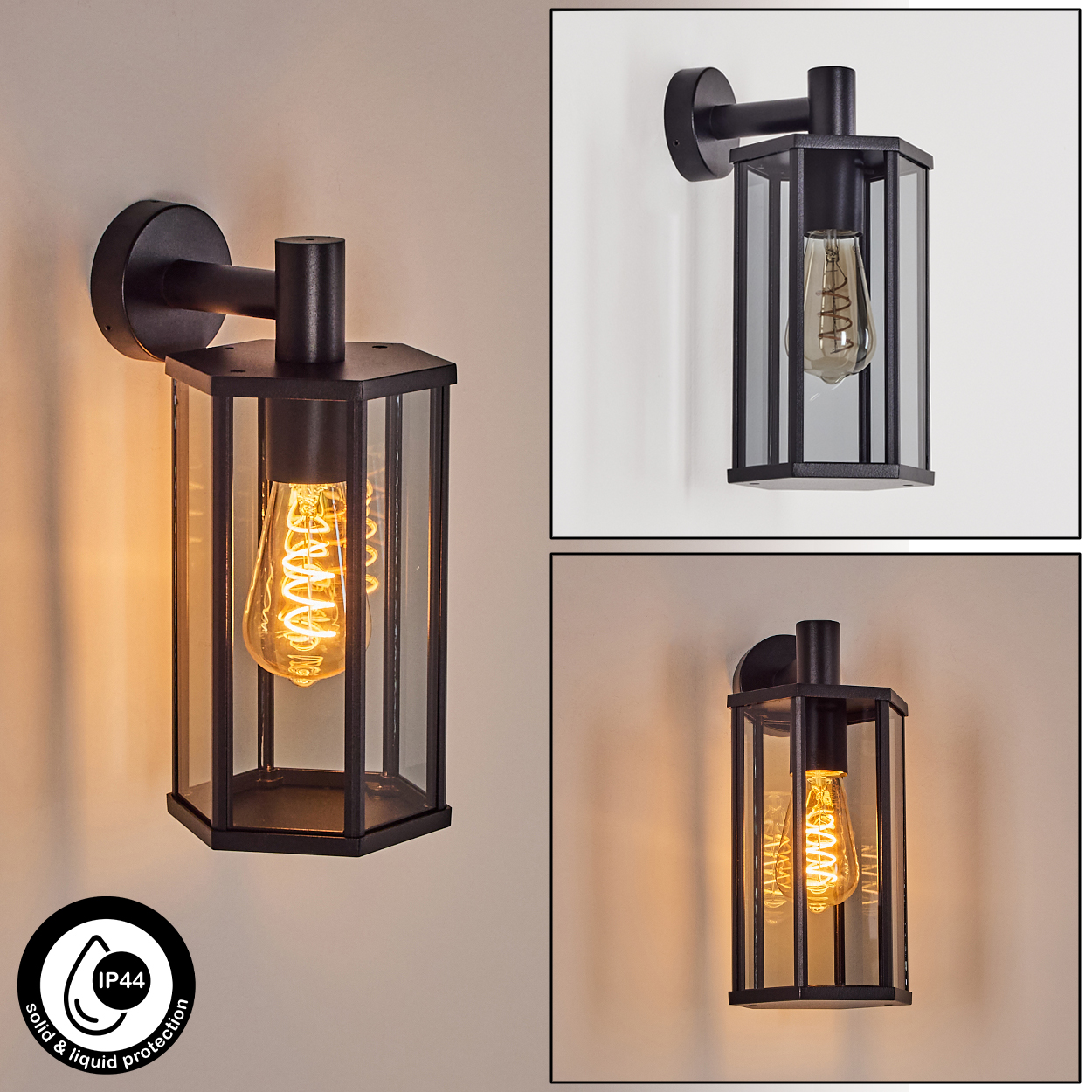 Drei schwarze Außenlampen mit Glasplatten und Edison-Glühbirnen. Eine mit IP44-Schutzsymbol.