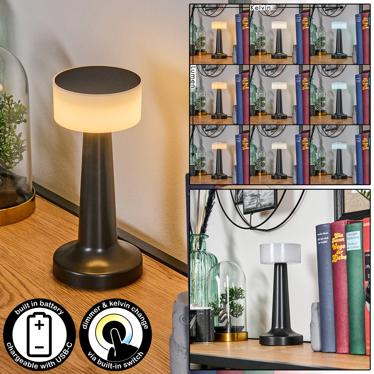 Eine schwarze Lampe mit weißem Lampenschirm steht auf Holz. Ein Diagramm zeigt verschiedene Lichteinstellungen. Bücher und Deko im Hintergrund.