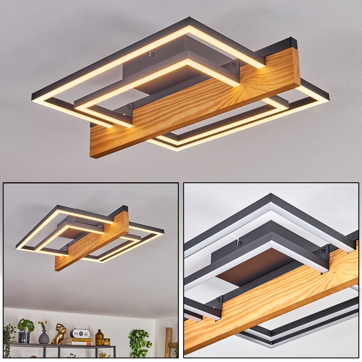 Moderne Deckenleuchte mit Holz- und Metallrahmen. Das Licht ist eingeschaltet.