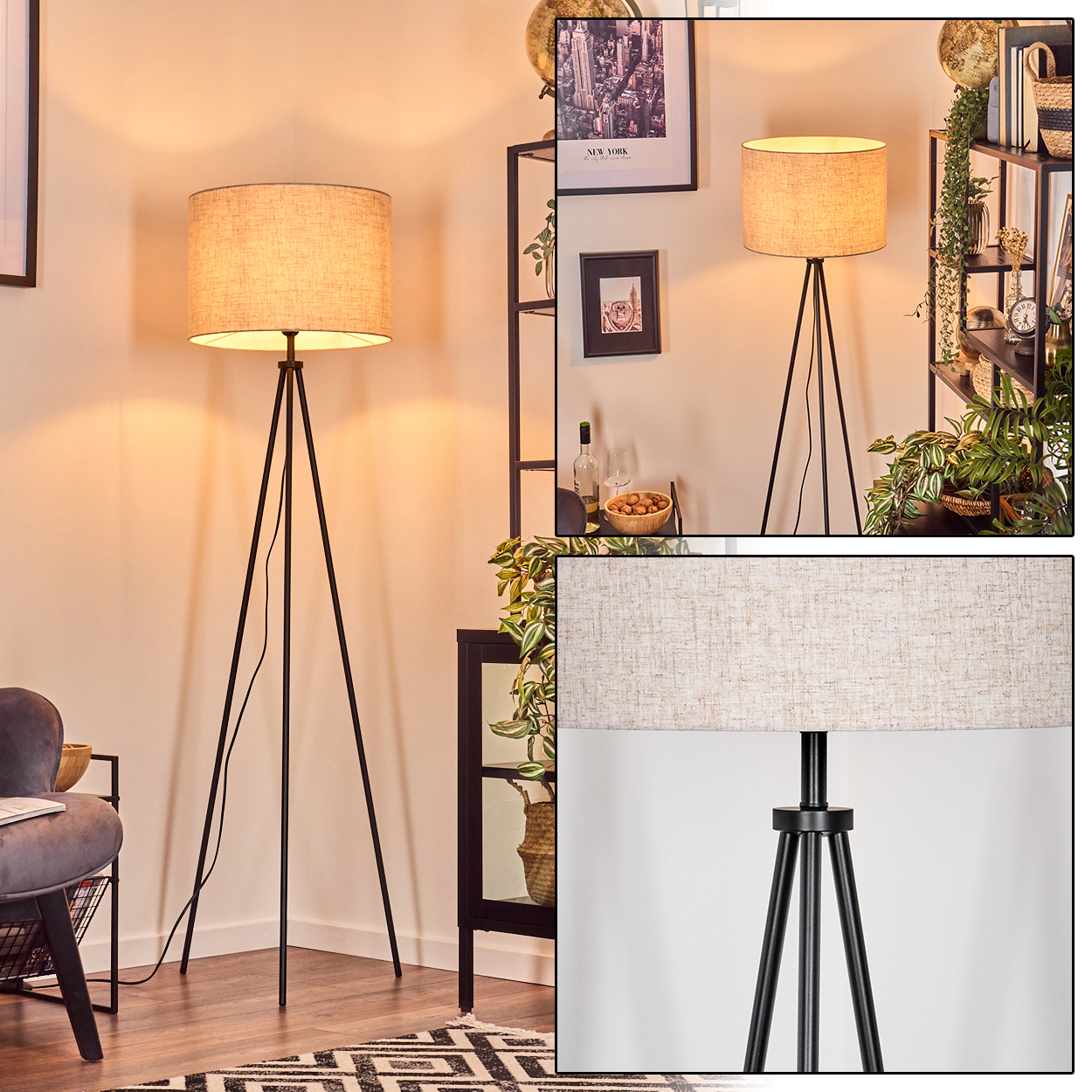 Eine Stehlampe mit beigefarbenem Lampenschirm auf schwarzen Stativbeinen. Der Hintergrund umfasst Regale, Pflanzen und ein New York-Bild.