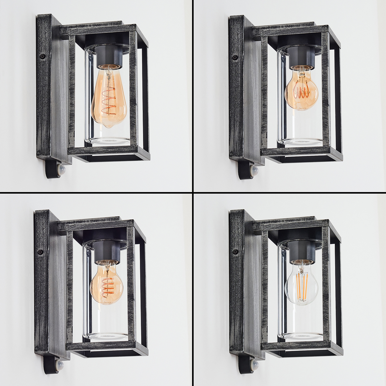 Vier Wandlampen mit verschiedenen Glühbirnen. Jede Lampe hat einen grauen Rahmen und einen klaren Glaszylinder.