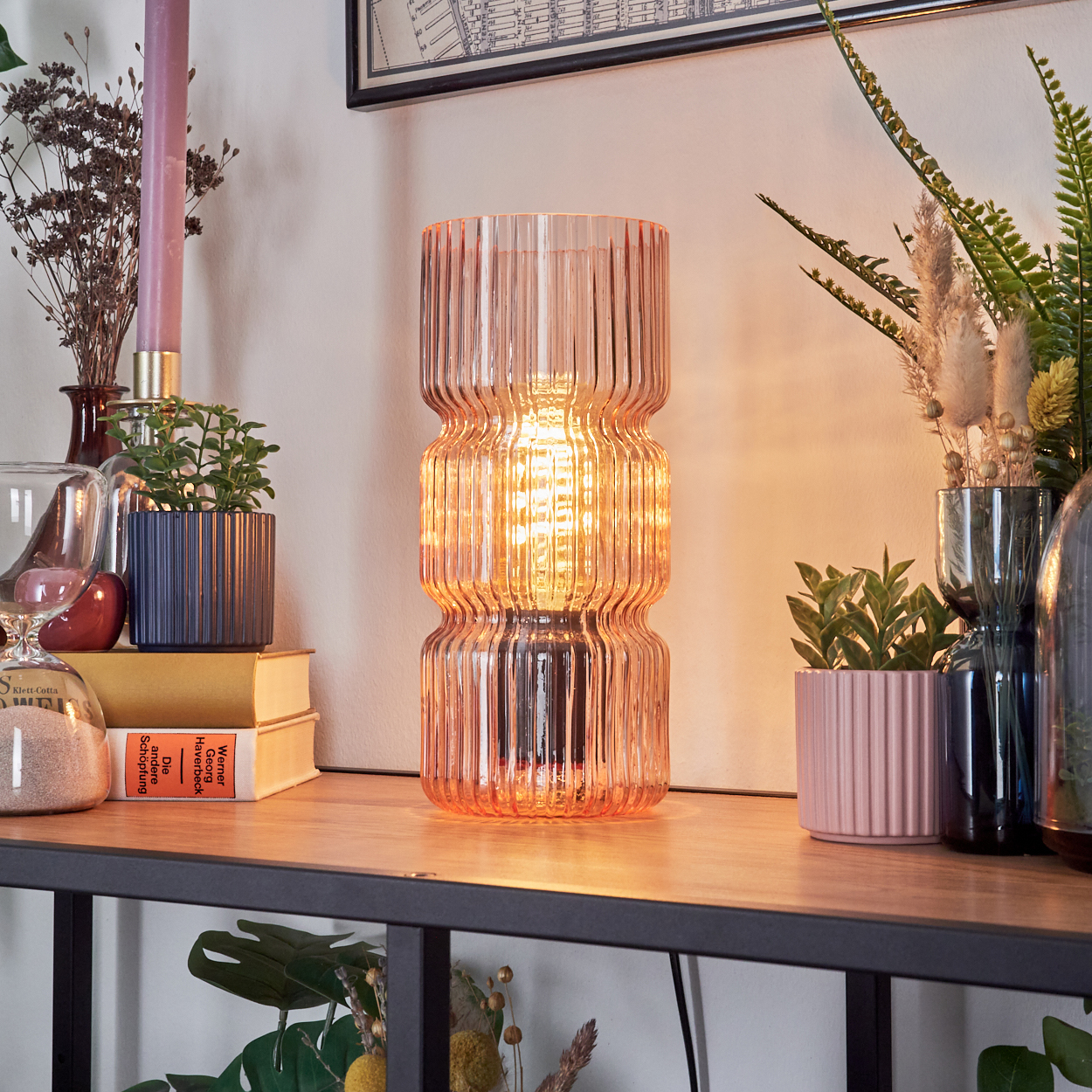 Eine rosa Glaslampe leuchtet auf einem Regal, umgeben von Pflanzen, Büchern und dekorativen Gegenständen. Im Hintergrund hängt eine Karte.