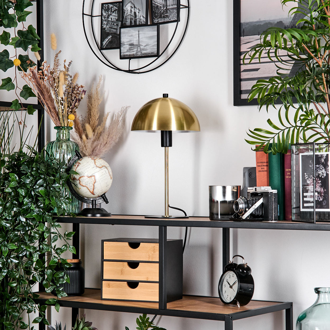 Ein Regal mit Lampe, Globus, Büchern, Pflanzen und einer Uhr. Es gibt auch Schubladen und einen Bilderrahmen.
