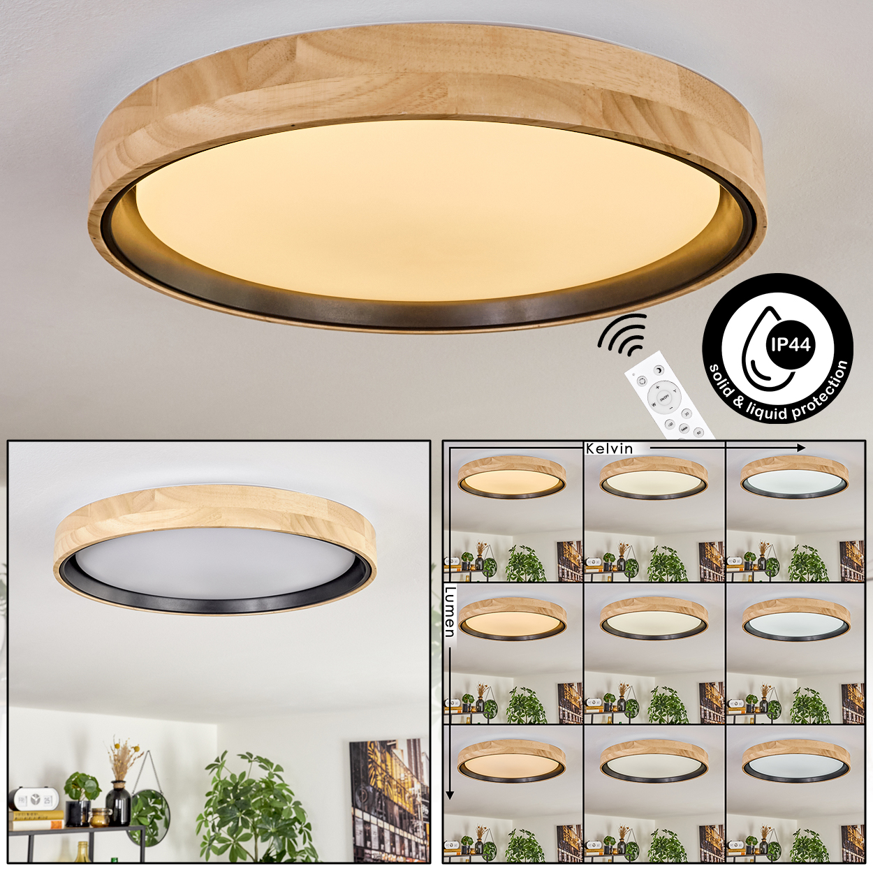 Eine Deckenleuchte mit Holzrahmen, Fernbedienung und IP44-Zertifizierung. Zusätzliche Bilder zeigen verschiedene Lichteinstellungen.