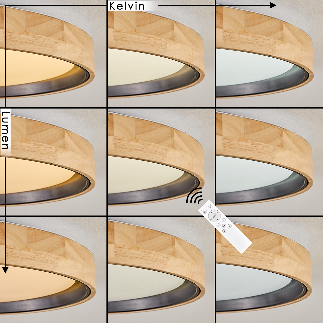 Neun Leuchten mit Holzrahmen und einstellbarem Licht. In der Mitte rechts befindet sich eine Fernbedienung. Kelvin nimmt horizontal, Lumen vertikal zu.