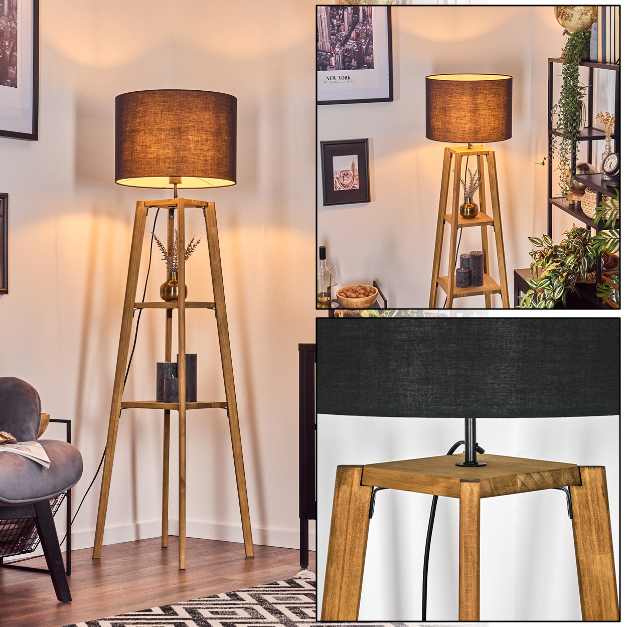 Eine Stehlampe aus Holz mit schwarzem Schirm steht in einem Raum. Sie hat Regale mit Dekoration. Im Hintergrund sind ein Stuhl und gerahmte Kunst zu sehen.