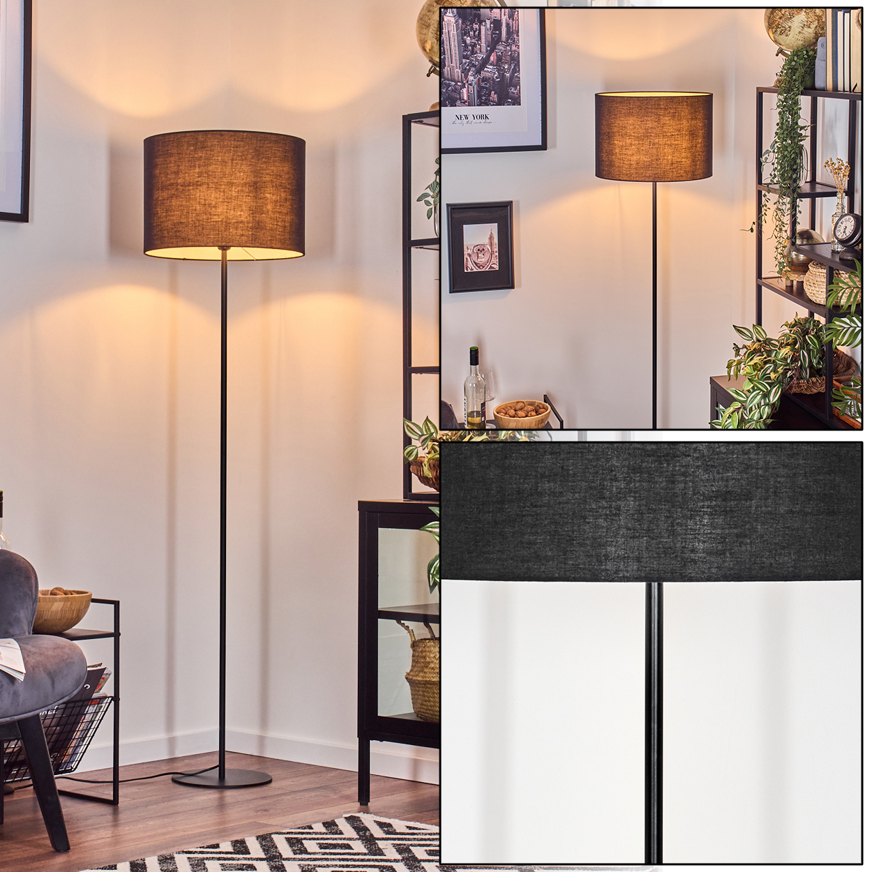 Eine schwarze Stehlampe mit braunem Lampenschirm steht in einem Raum. Im Hintergrund sind Regale und ein Schrank.
