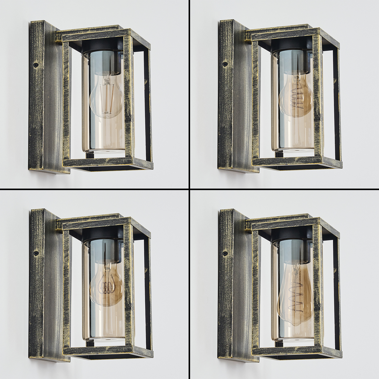Vier Wandlampen. Jede hat einen rechteckigen Rahmen mit einer Glühbirne in einem Glaszylinder. Die Rahmen sind bronzefarben.