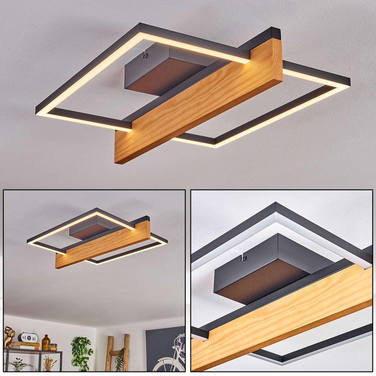 Moderne Deckenleuchte. Sie hat einen Holzbalken und zwei schwarze quadratische Rahmen mit integrierten warmweißen LED-Streifen.
