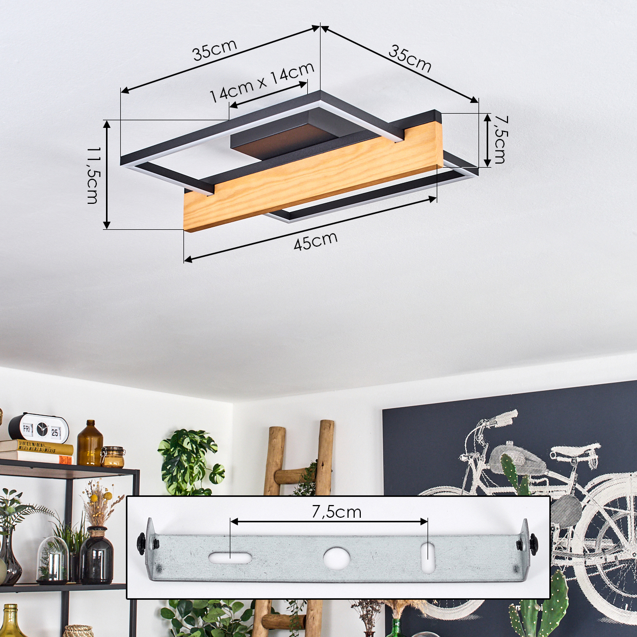 Eine moderne Deckenlampe mit Abmessungen wird gezeigt. Der Hintergrund zeigt einen Raum mit Dekoration und einem Fahrradkunstwerk.