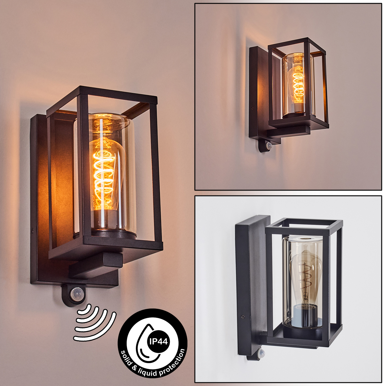 Eine schwarze Außenwandleuchte mit Glaszylinder. Die Lampe hat einen Bewegungssensor und ist IP44-zertifiziert.