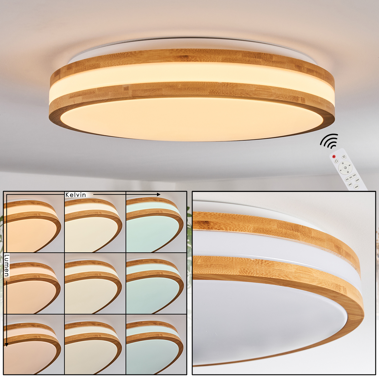 Eine runde Deckenleuchte mit Holzrahmen, einem weißen Mittellicht und einer Fernbedienung. Die Lampe hat verschiedene Lichteinstellungen.