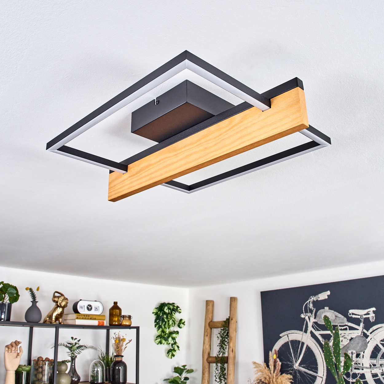 Moderne Deckenleuchte mit Holzbalken und schwarzem Rahmen. Darunter ein Regal mit Deko, Pflanzen und einem Fahrradkunstwerk.