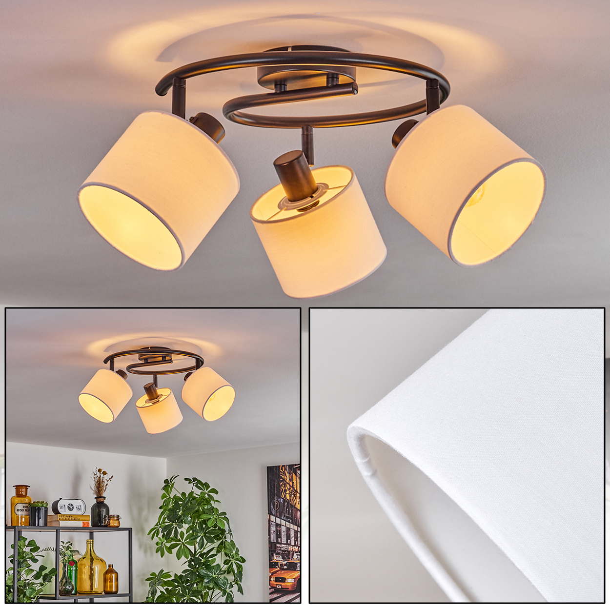 Deckenleuchte mit drei Lampenschirmen. Jeder Lampenschirm ist cremefarben mit dunklem Rand. Das Gerät hat ein dunkles, spiralförmiges Design.
