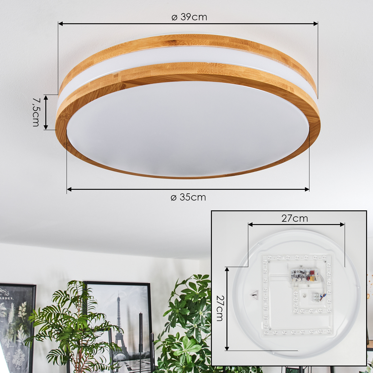Eine runde Deckenlampe mit Holzrahmen und weißem Diffusor. Abmessungen sind angegeben. Ein kleinerer Einsatz zeigt die interne LED-Struktur.