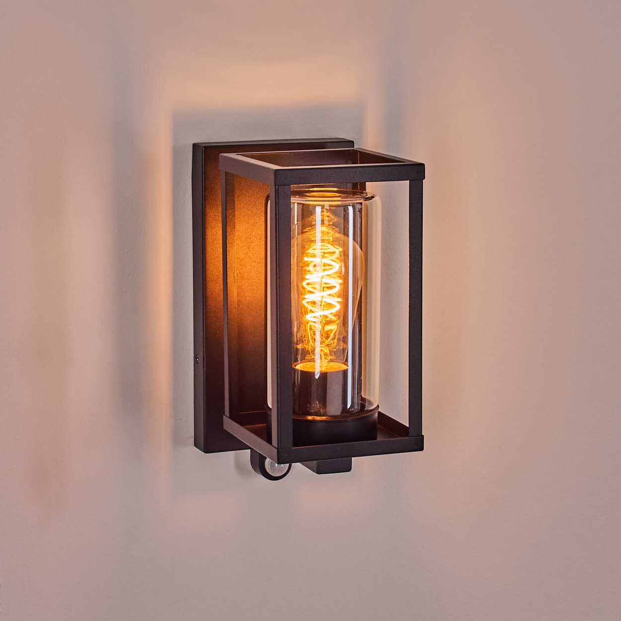 Eine schwarze Wandleuchte mit Glasgehäuse und sichtbarer Glühbirne. Der Hintergrund ist eine schlichte Wand.