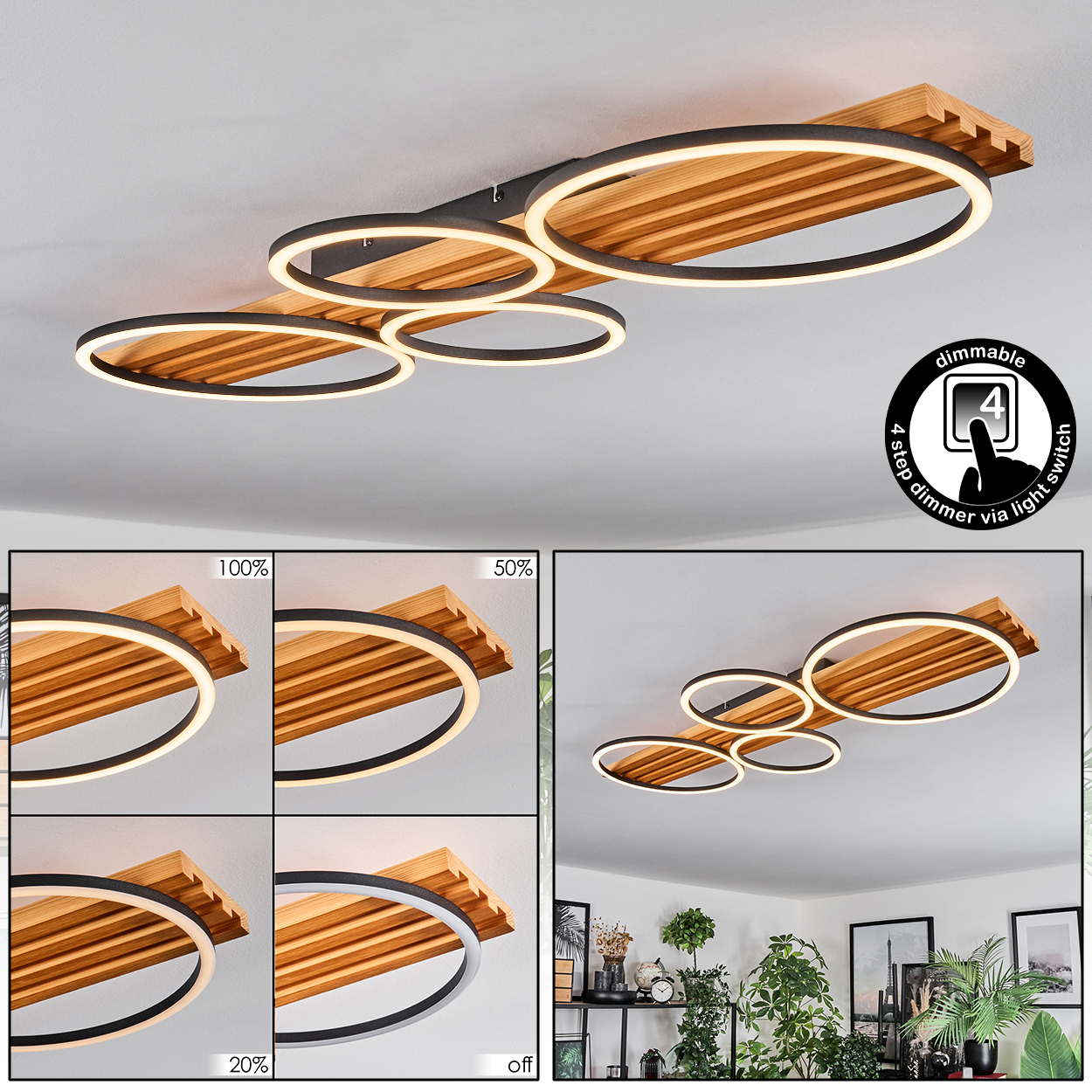 Moderne Deckenleuchte mit Holzsockel und kreisförmigen LED-Leuchten. Dimmfunktion verfügbar. Bild zeigt verschiedene Lichtintensitätsstufen.