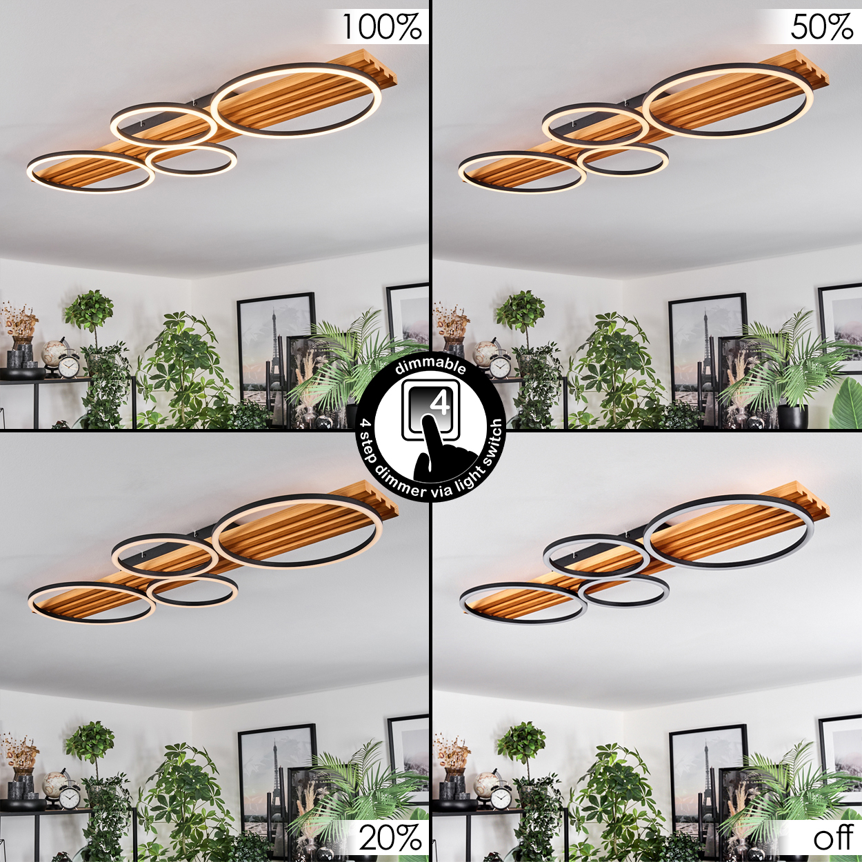 Moderne Deckenleuchte mit kreisförmigen Lampen, Holz- und Schwarz-Elementen. Die Leuchte hat Dimmoptionen. Pflanzen und Dekorationen im Hintergrund.