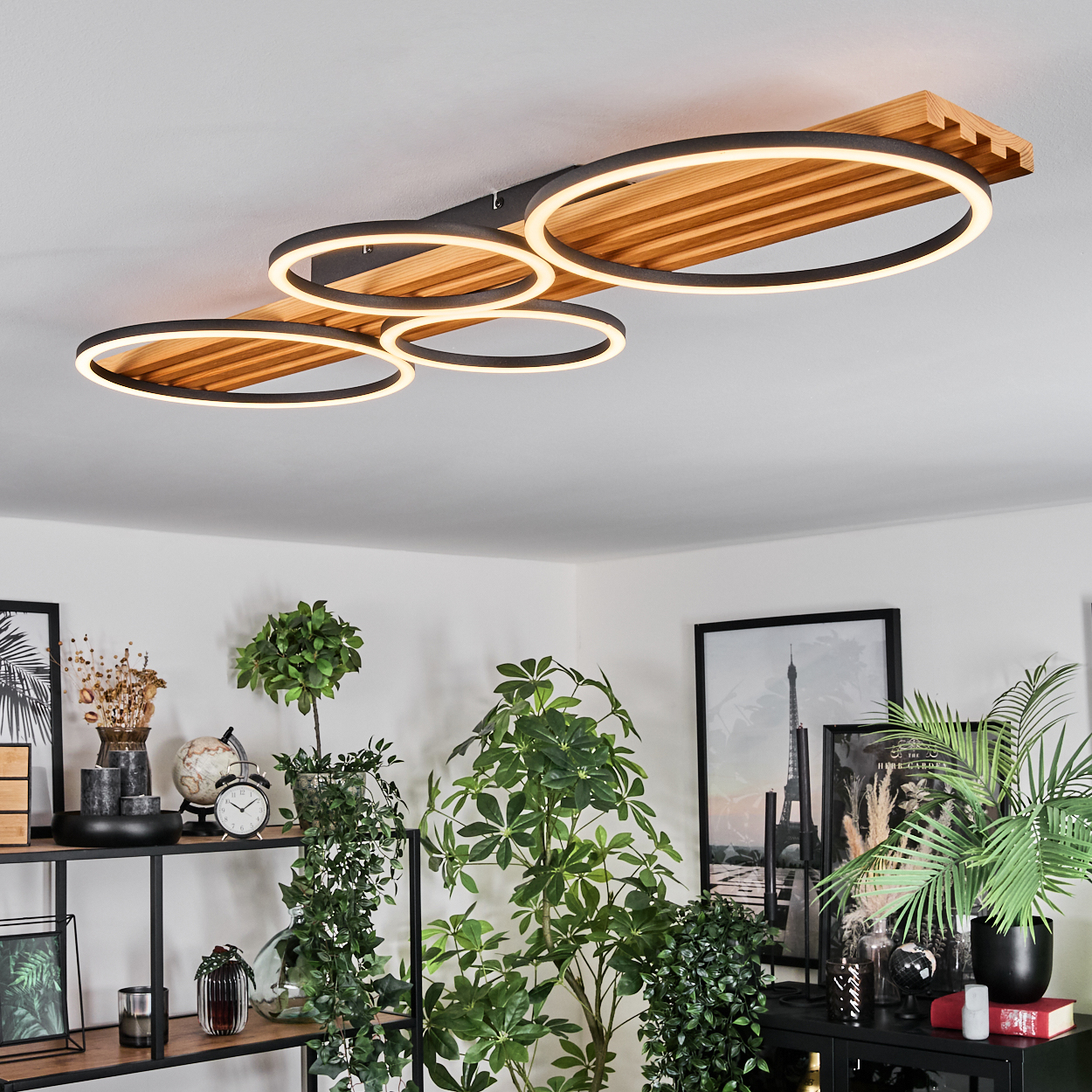 Eine moderne Deckenleuchte mit vier leuchtenden Ringen. Darunter ein Raum mit Pflanzen, Regalen und Kunstwerken. Der Stil ist modern.
