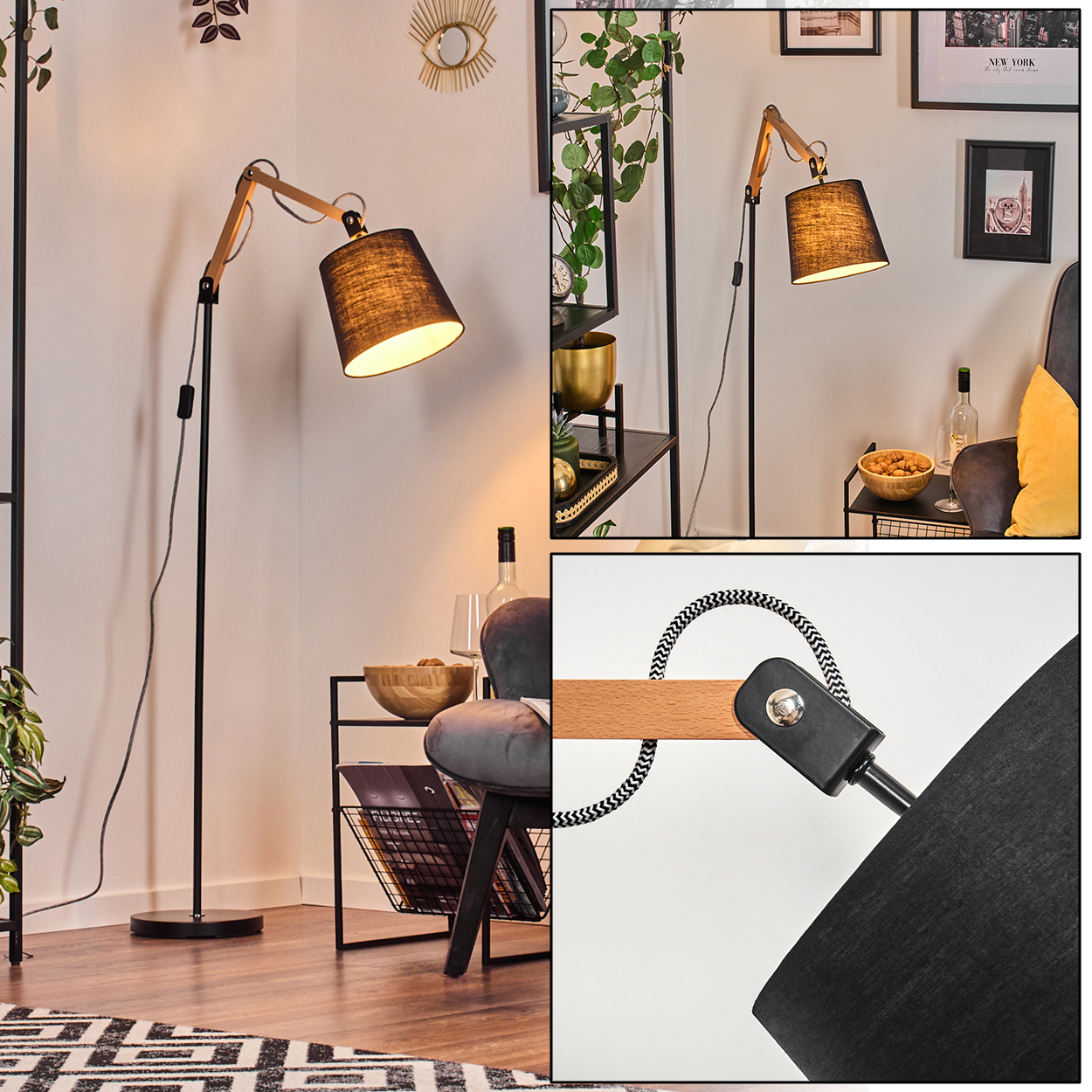 Eine Stehlampe mit schwarzem Lampenschirm und Holzarm. Die Lampe beleuchtet einen Raum mit Bücherregal, Stuhl und Teppich.
