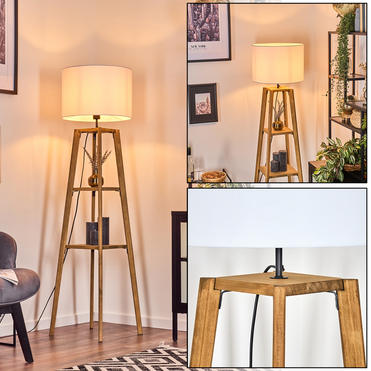 Eine hölzerne Stehlampe mit weißem Lampenschirm. Sie hat Regale mit Dekorationen. Im Hintergrund befinden sich Pflanzen und Bilder.