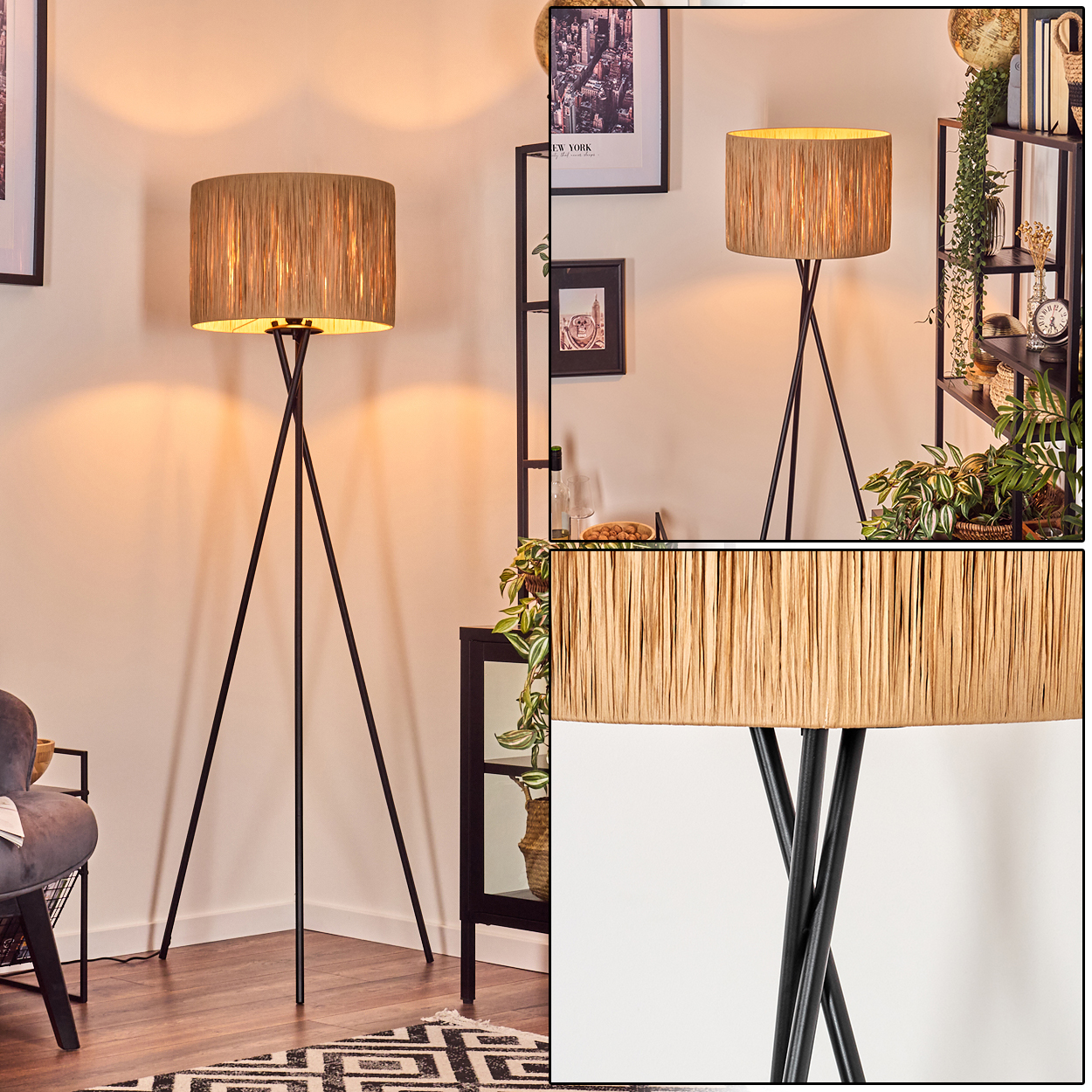 Eine Stehlampe mit beigem Schirm steht auf schwarzen Beinen. Eine Zimmerecke mit Pflanzen und Dekoration befindet sich im Hintergrund.
