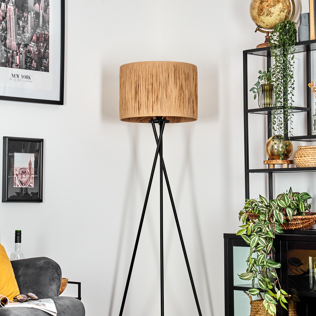 Eine Stehlampe mit braunem Lampenschirm steht vor einer weißen Wand. Regale mit Pflanzen und einem Globus befinden sich rechts.