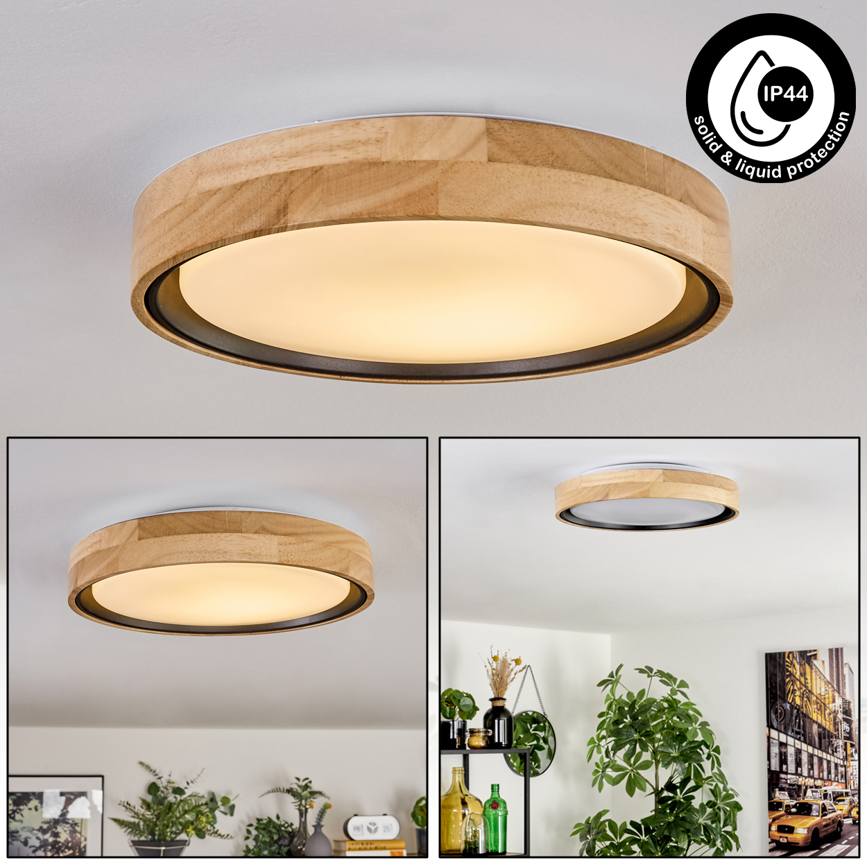 Eine Deckenleuchte mit Holzrahmen und rundem Design. Sie hat ein weißes Licht und einen schwarzen Ring. Der Hintergrund ist eine weiße Decke.