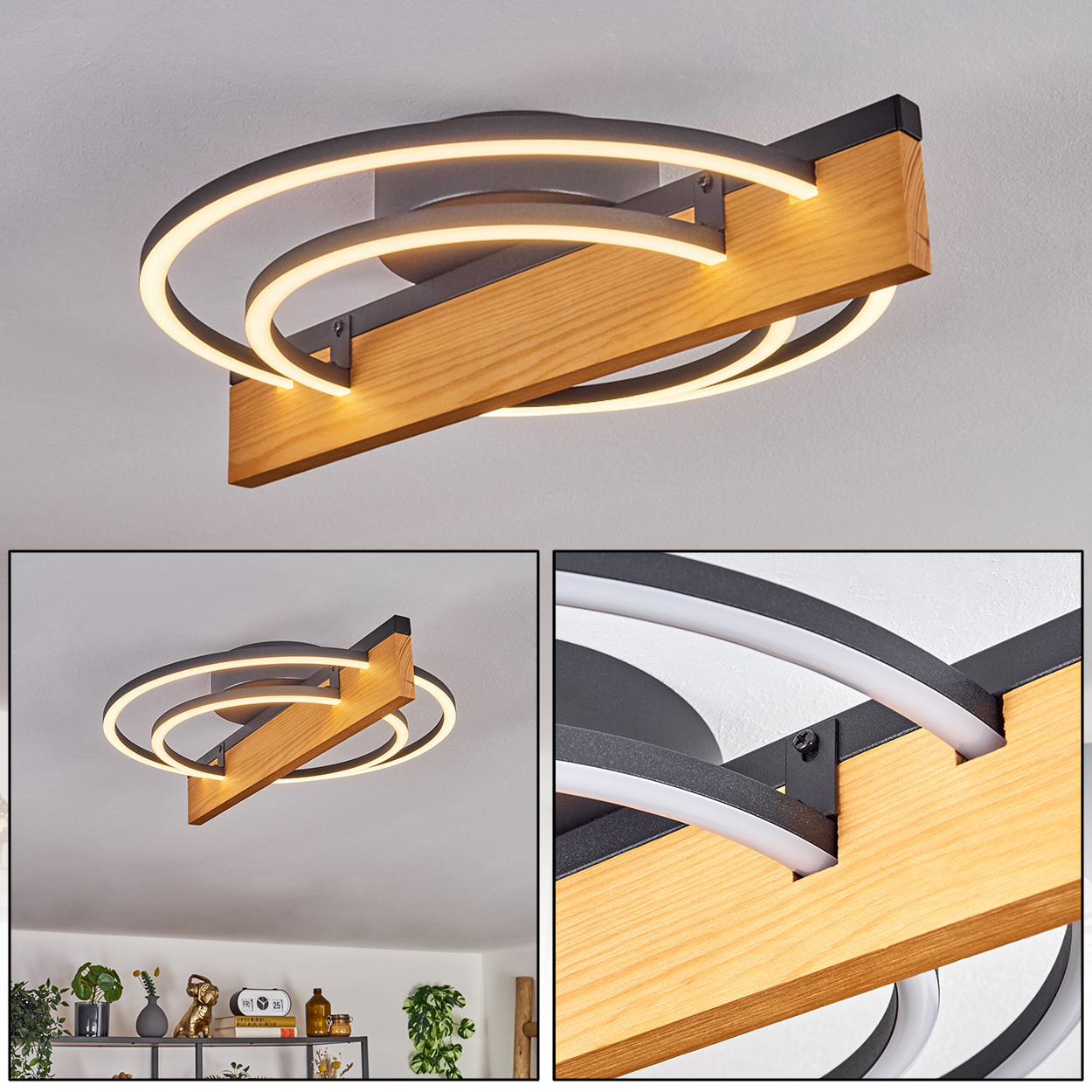 Moderne Deckenleuchte mit kreisförmigen LED-Leuchten, Holzbalken und schwarzen Metallstützen. Der Hintergrund ist eine weiße Decke.