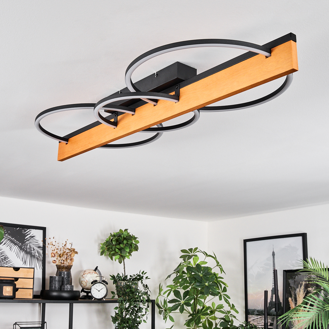 Moderne Deckenleuchte mit schwarzen Ringen und Holzbalken. Darunter Pflanzen und gerahmte Bilder auf Regal und Wand.