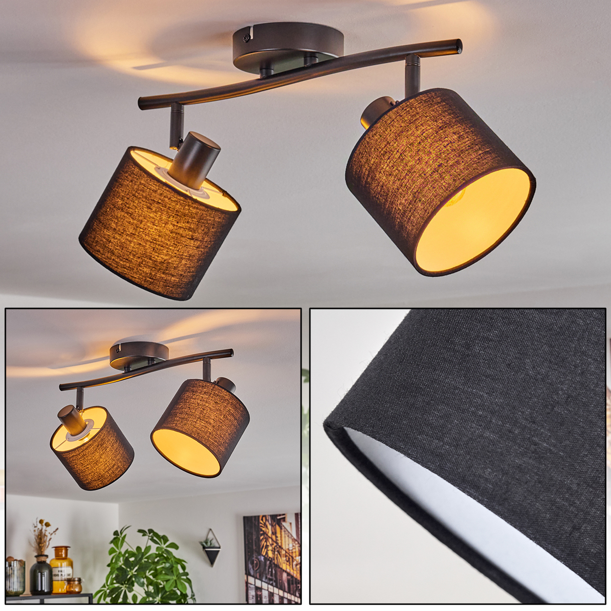 Deckenlampe mit zwei schwarzen Schirmen, montiert auf einem dunkelbraunen Metallrahmen. Licht beleuchtet die weiße Decke. Innenraumhintergrund.