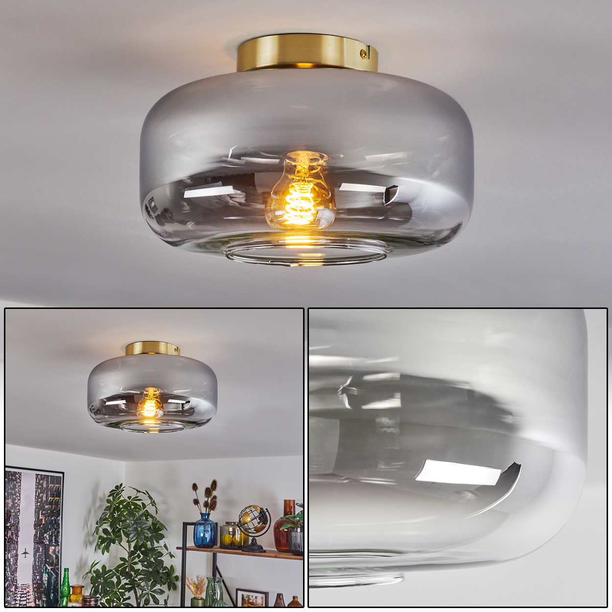 Eine moderne Deckenleuchte mit rauchfarbenem Glasschirm und goldenem Sockel. Die Glühbirne ist im Schirm sichtbar.