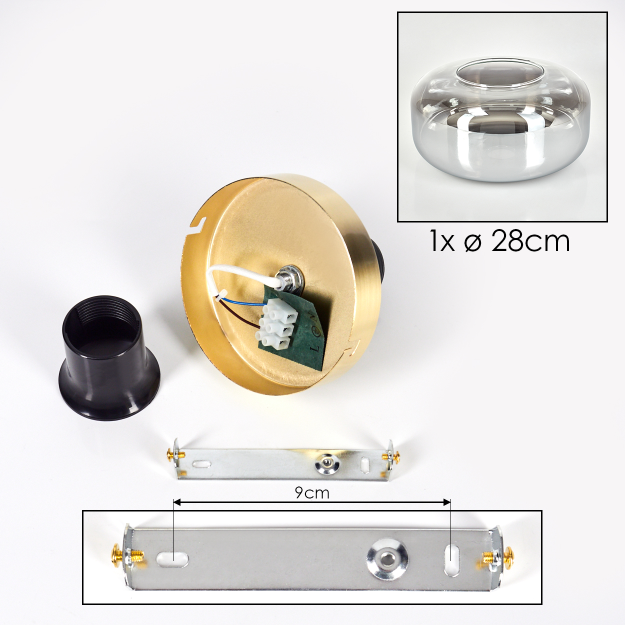 Lampenkomponenten. Enthält eine goldfarbene Basis, eine schwarze Fassung, eine Metallhalterung und einen Glasschirm. Abmessungen sind angegeben.
