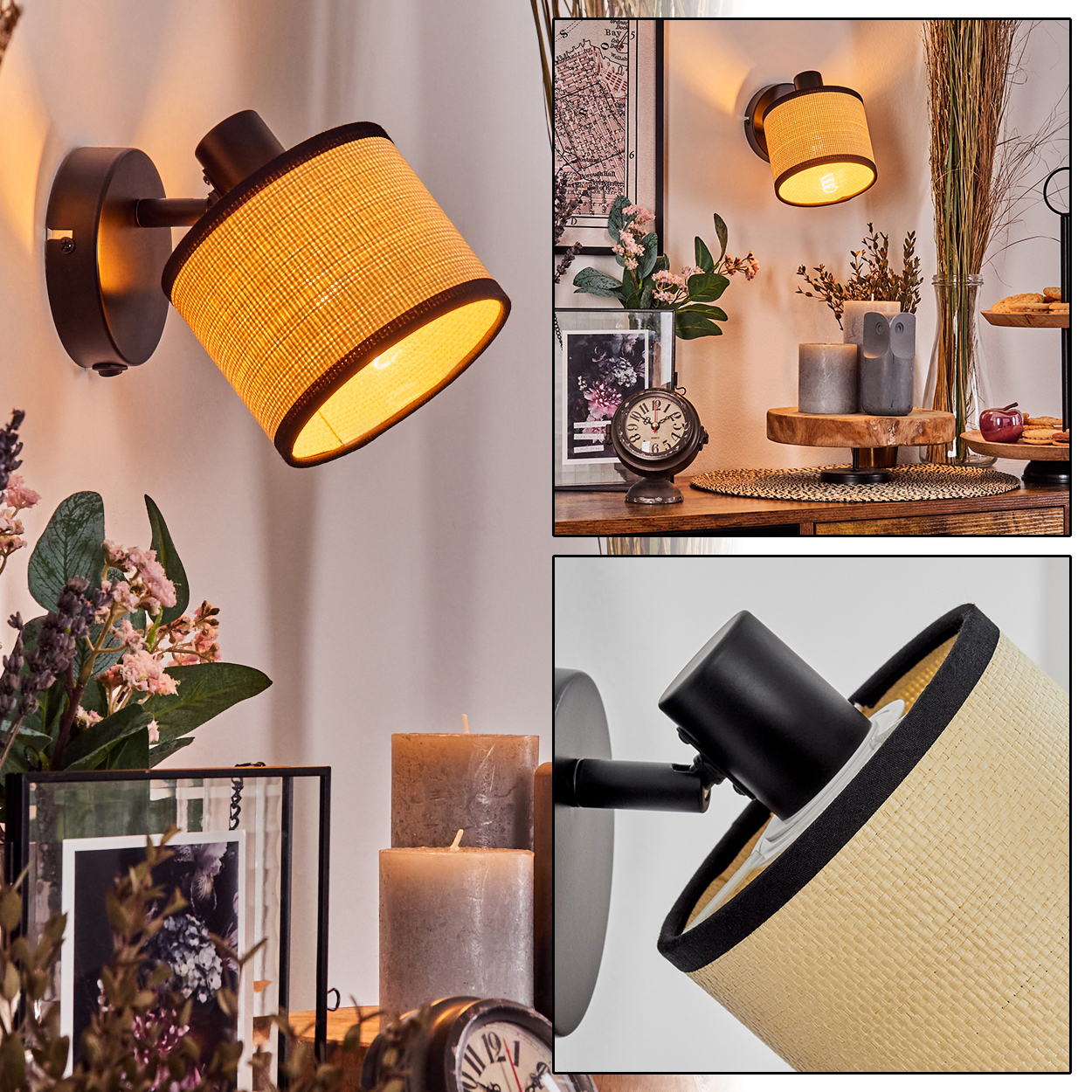 Eine Wandlampe mit gewebtem Schirm ist beleuchtet. Weitere Objekte sind Kerzen, eine Uhr und Dekorationsartikel.