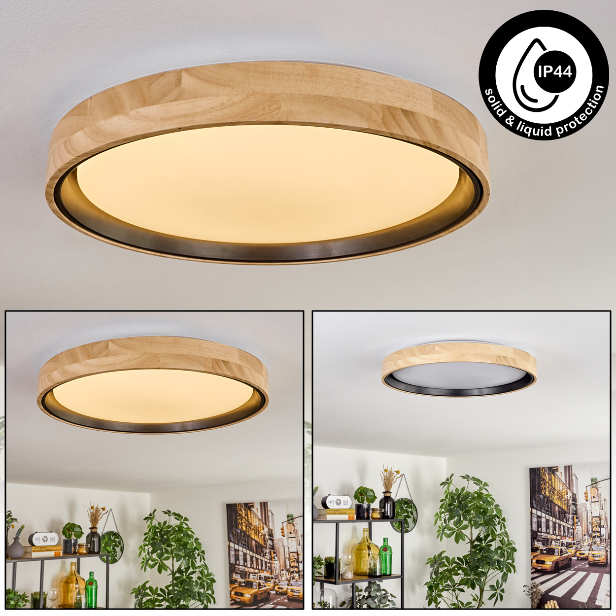 Eine Deckenlampe aus Holz und schwarzem Rand mit hellem Licht, die auch einen Raum mit Pflanzen, Regalen und einem Stadtgemälde zeigt.