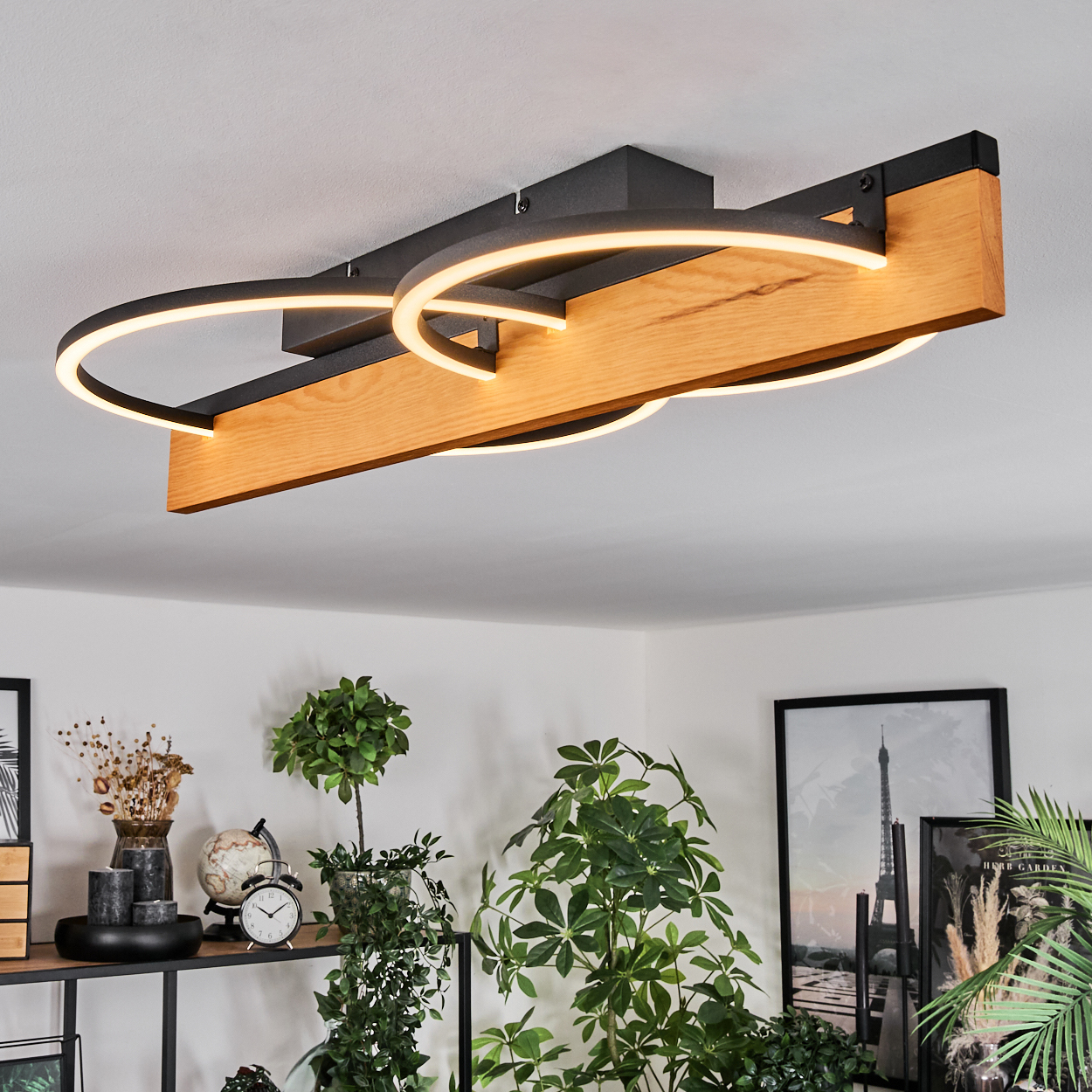 Deckenleuchte mit Holzbalken und schwarzen Metallringen. Pflanzen und Dekoration unten.