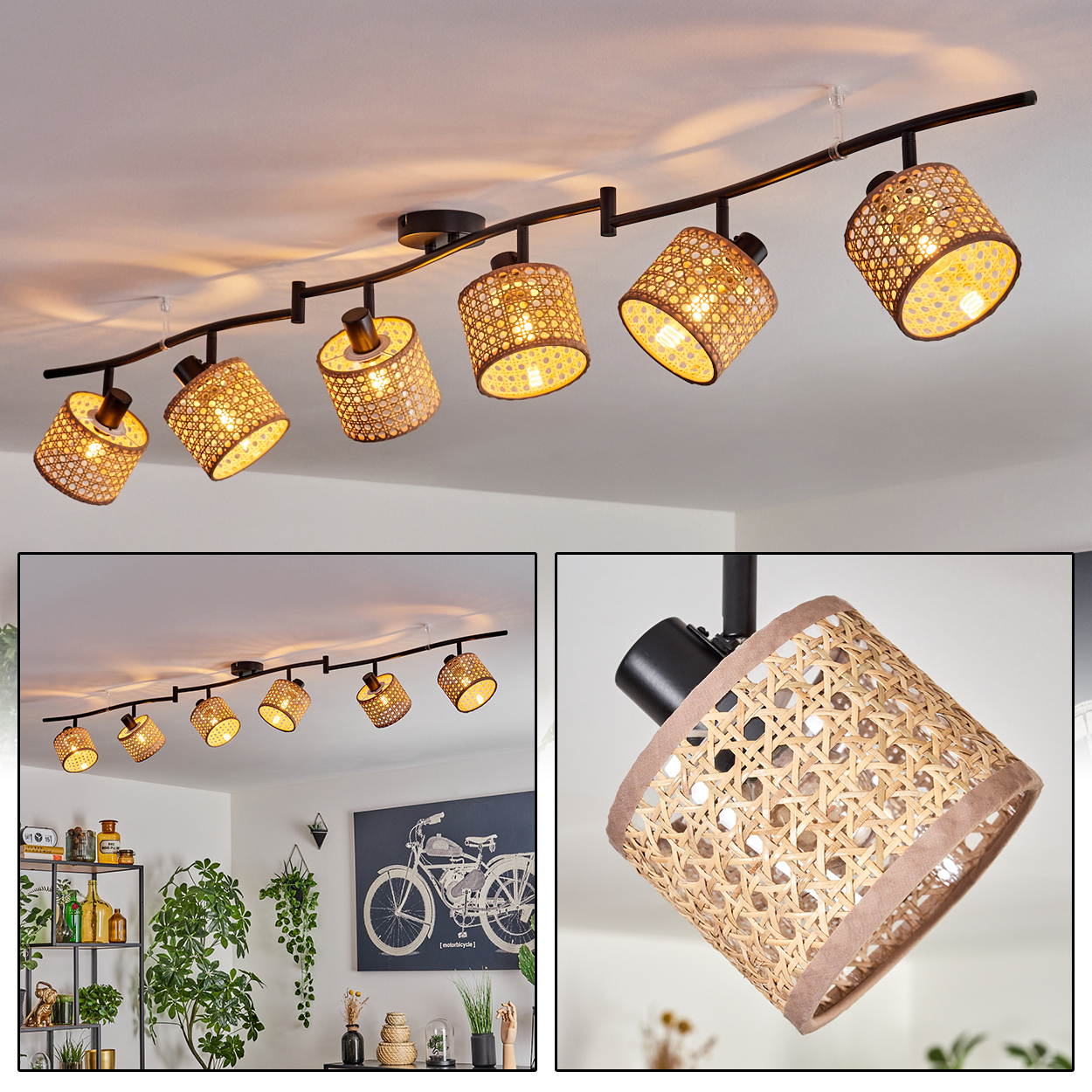 Deckenleuchte mit sechs Lampen. Jede Lampe hat einen gewebten Lampenschirm. Die Lampen sind nach unten gerichtet. Der Hintergrund ist eine weiße Decke.