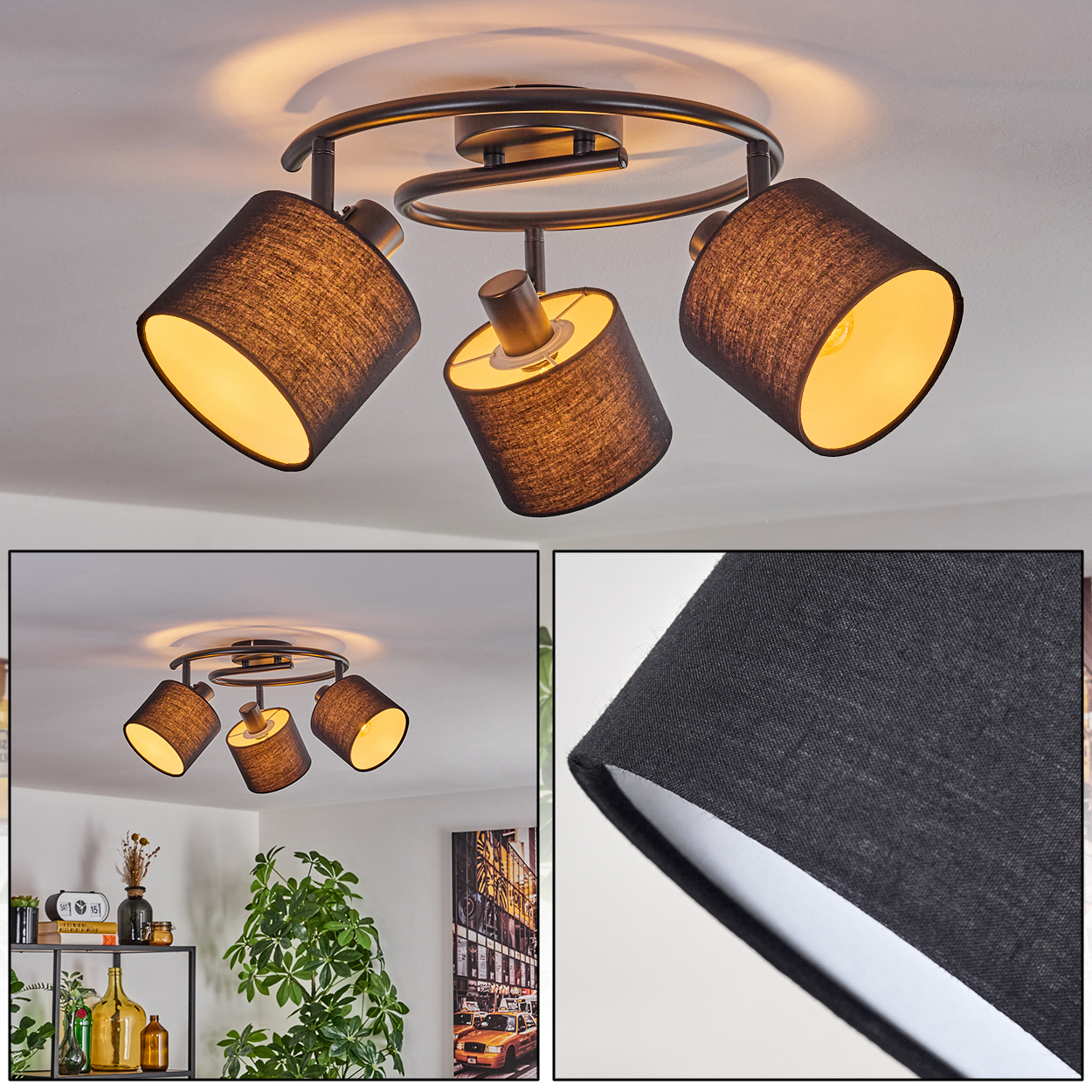 Eine moderne Deckenlampe mit drei schwarzen Lampenschirmen. Die Lampe ist an einer weißen Decke montiert. Die Szene umfasst einen Raum mit Pflanzen und Kunst.