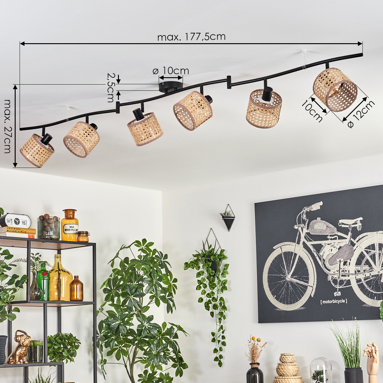 Eine schwarze Schienenleuchte mit sechs gewebten Lampenschirmen hängt an der Decke. Pflanzen, Regale und ein Fahrradkunstwerk sind auch sichtbar.