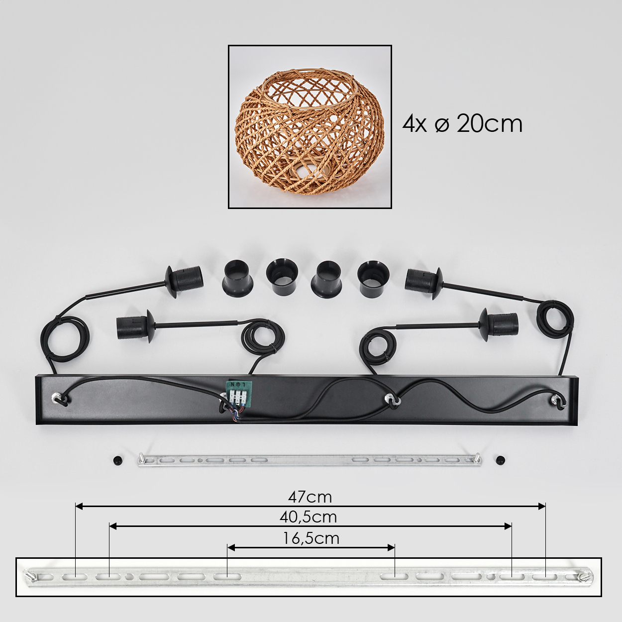 Eine zerlegte Pendelleuchte mit einem gewebten Lampenschirm, schwarzen Armaturen und Befestigungsmaterial, Abmessungen angezeigt.