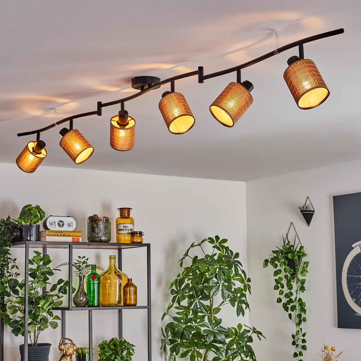 Deckenleuchte mit sechs Lampen. Unter den Lampen befinden sich Regale mit Pflanzen und Dekorationsartikeln. Rechts ein Gemälde.