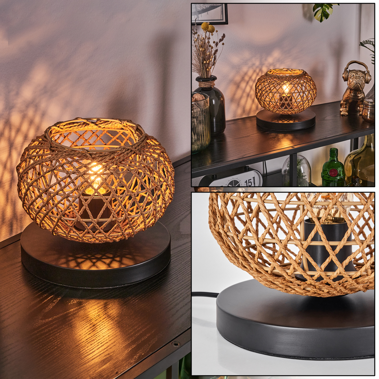 Eine gewebte Lampe mit einer Glühbirne steht auf einer schwarzen Oberfläche. Andere Objekte wie Vasen und eine Bulldoggenstatue sind im Hintergrund.