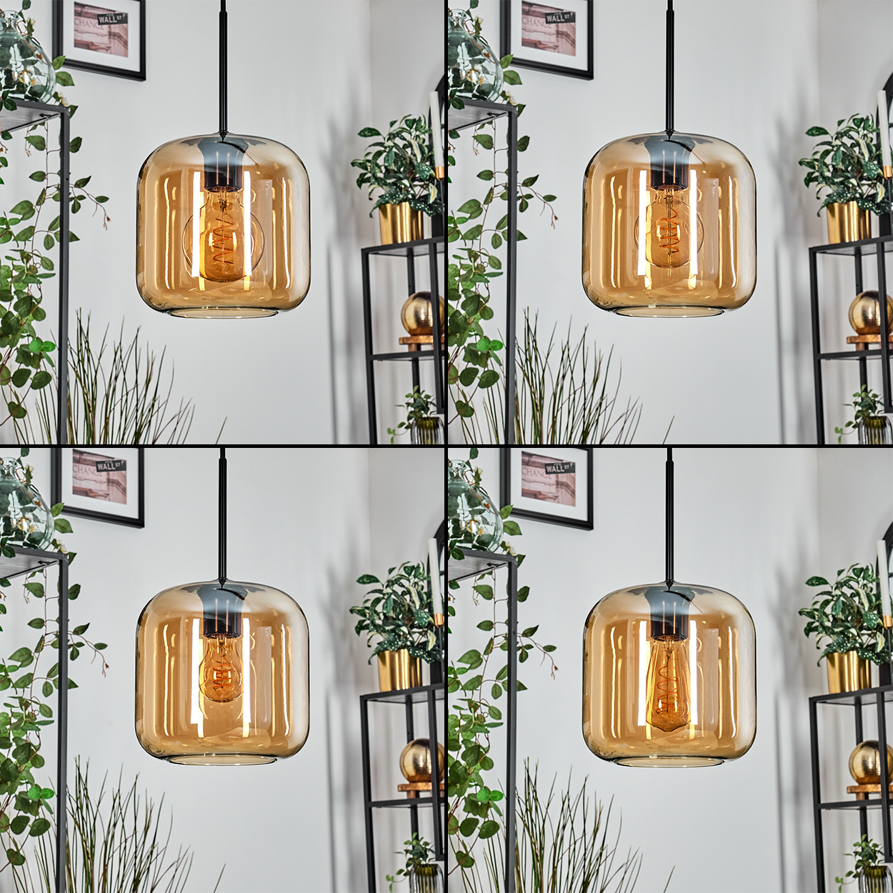 Eine Pendelleuchte mit Glasschirm hängt vor einer Wand. Regale mit Pflanzen und Dekorationsartikeln sind im Hintergrund.