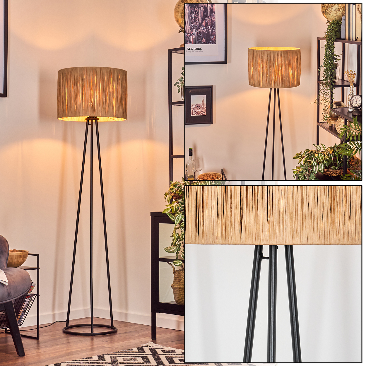Eine Stehlampe mit gewebtem Schirm steht in einem Raum. Schwarzes Metallgestell und beiger Lampenschirm. Regale und Dekoration im Hintergrund.