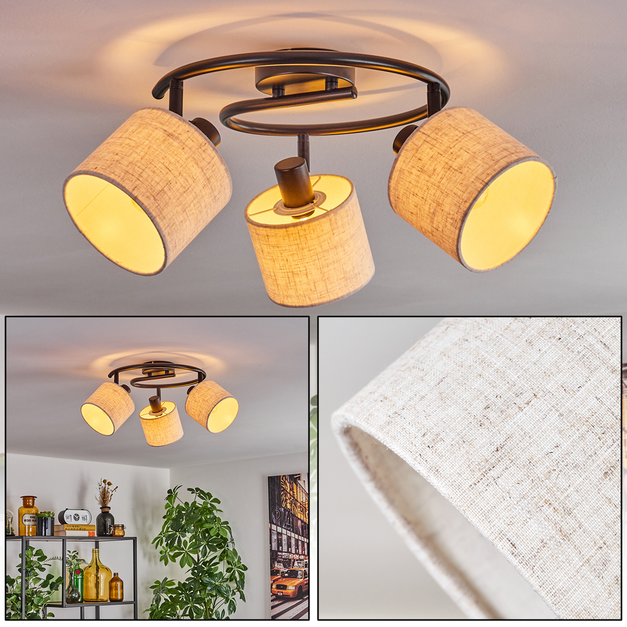 Deckenleuchte mit drei Lampenschirmen. Die Schirme sind beige, das Gestell ist schwarz. Der Hintergrund ist eine weiße Decke.